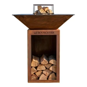 Lou Bouscarian - Brasero plancha avec Rangement bûches en acier corten- Grille et stop food