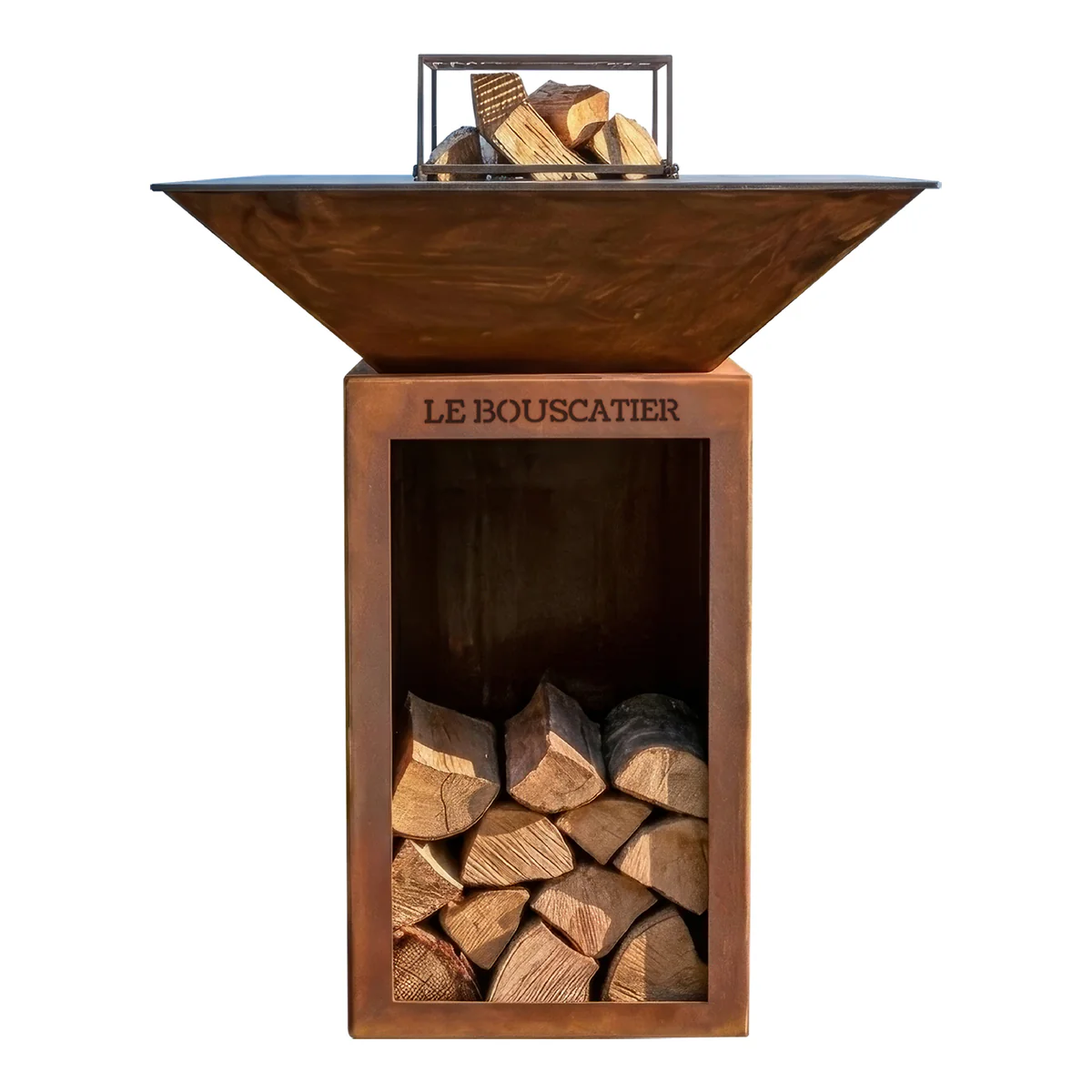 Lou Bouscarian - Brasero plancha avec Rangement bûches en acier corten- Grille et stop food