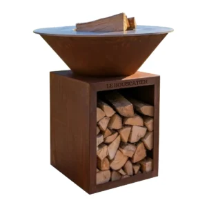Lou Bouscarian rond - Brasero plancha rond en acier corten avec rangement bûches - grille et stop food